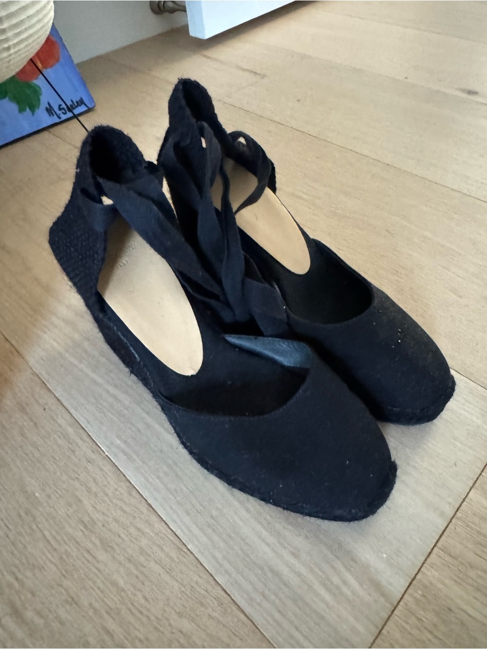 Castaner Black Espadrille Wedge Flats with Ankle Wrap